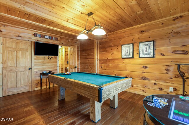 playroom with wood ceiling, pool table, hardwood / wood-style flooring, and wooden walls