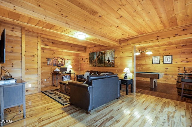 living area featuring pool table, hardwood / wood-style floors, beamed ceiling, and wooden ceiling