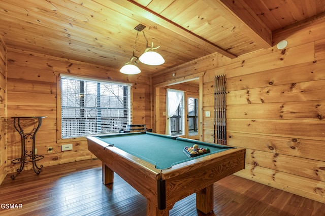 recreation room featuring wood ceiling, wood walls, and hardwood / wood-style flooring