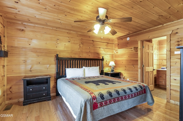 bedroom with wooden walls, visible vents, a ceiling fan, wood ceiling, and light wood-style floors