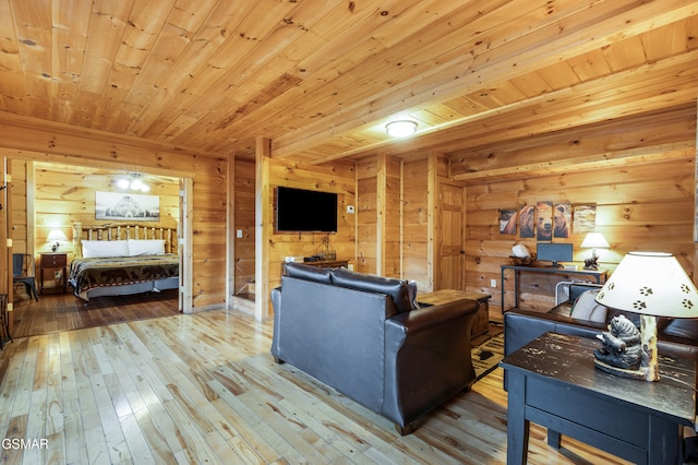 living room featuring wood ceiling and hardwood / wood-style flooring