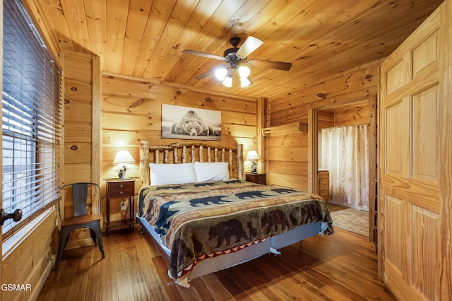 bedroom featuring ceiling fan, wood walls, wood finished floors, and wood ceiling