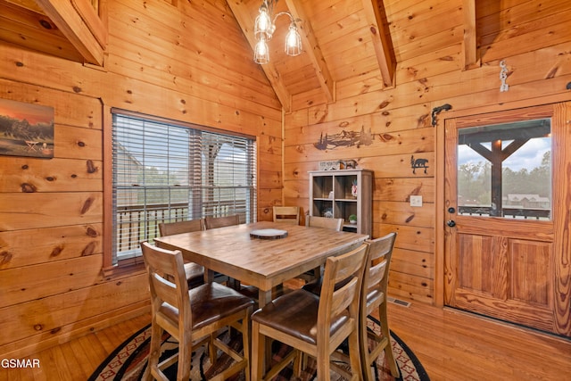 dining area with wood walls, wooden ceiling, lofted ceiling with beams, and light wood-type flooring