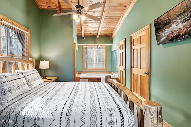 2904 Peregrine Way, Pigeon Forge, TN 37863 - bedroom featuring a wooden ceiling with exposed beams, multiple windows, and ceiling fan