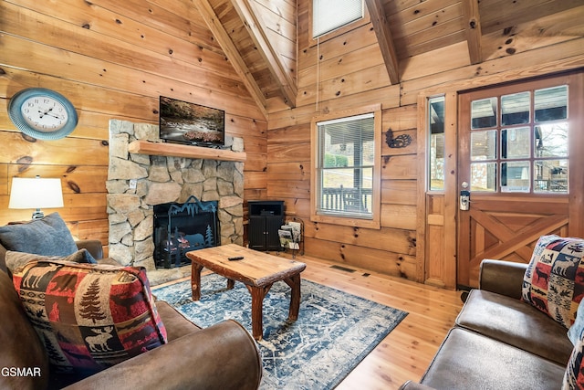 2904 Peregrine Way, Pigeon Forge, TN 37863 - living area featuring wood finished floors, wooden walls, wood ceiling, and a fireplace