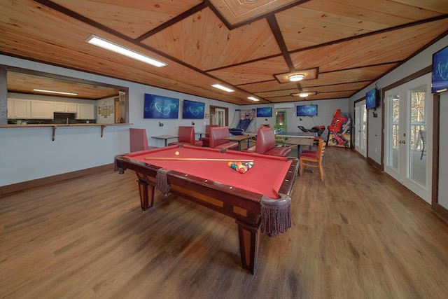 recreation room with wooden ceiling, lofted ceiling, wood finished floors, and pool table