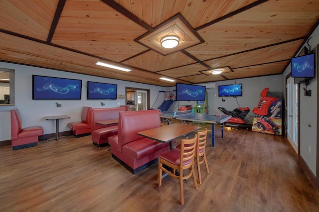 game room featuring wooden ceiling, wood finished floors, and baseboards