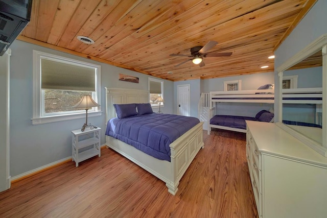 bedroom featuring wood ceiling, baseboards, and light wood finished floors