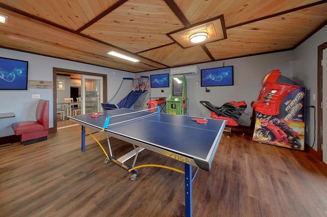 game room with vaulted ceiling, wood finished floors, wooden ceiling, and a wall unit AC
