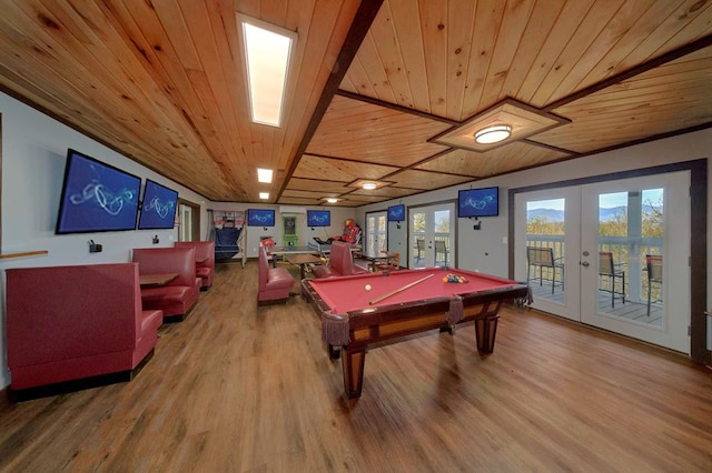 recreation room with french doors, wood ceiling, wood finished floors, and billiards