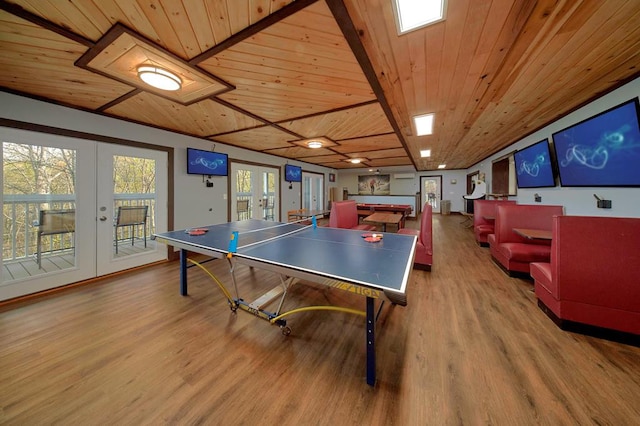 recreation room with french doors, wood ceiling, wood finished floors, and billiards