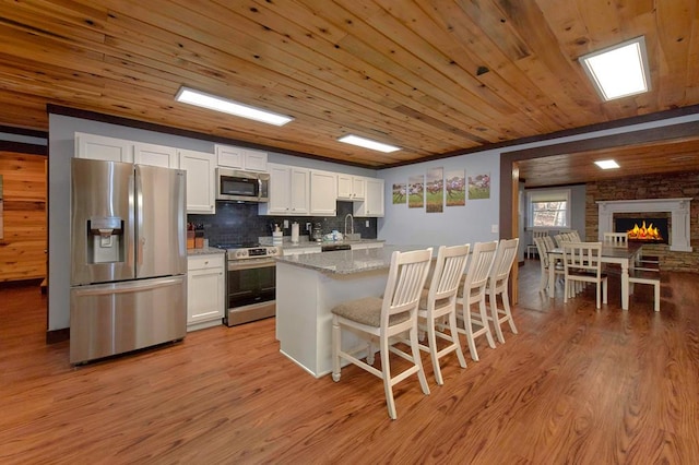 kitchen with wood ceiling, a breakfast bar area, stainless steel appliances, light wood-style floors, and white cabinetry