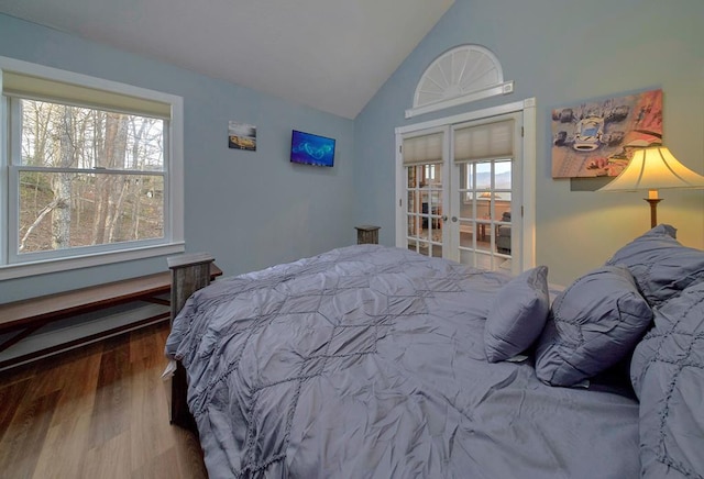 bedroom featuring wood finished floors and vaulted ceiling