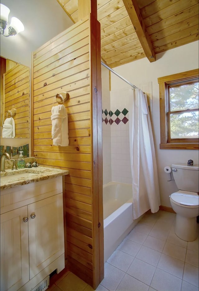 3831 Glenview Way, Sevierville, TN 37862 - bathroom with vanity, tile patterned flooring, shower / tub combo with curtain, and a wooden ceiling with exposed beams