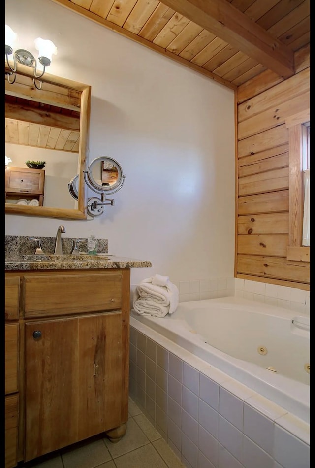 3831 Glenview Way, Sevierville, TN 37862 - full bath with a tub with jets, tile patterned flooring, vanity, and a wood ceiling with exposed beams