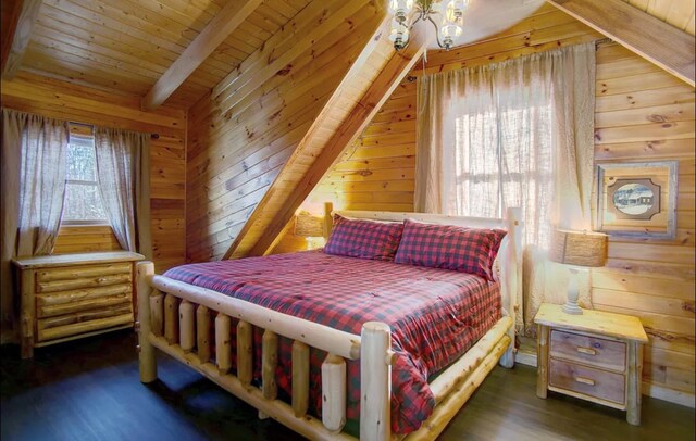 3831 Glenview Way, Sevierville, TN 37862 - bedroom with wood walls, wood finished floors, and a wood ceiling with exposed beams