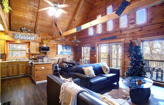 3831 Glenview Way, Sevierville, TN 37862 - living area featuring a wooden ceiling with exposed beams, high vaulted ceiling, dark wood-type flooring, ceiling fan, and wood walls