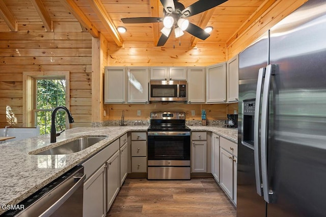 833 Park Dr, Gatlinburg, TN 37738 - kitchen featuring wood walls, wood ceiling, a sink, appliances with stainless steel finishes, and wood finished floors