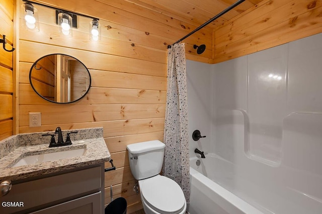 833 Park Dr, Gatlinburg, TN 37738 - bathroom with toilet, shower / tub combo with curtain, vanity, wood ceiling, and wooden walls