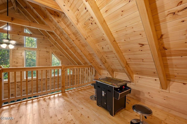 833 Park Dr, Gatlinburg, TN 37738 - rec room with wooden ceiling, vaulted ceiling with beams, light wood-style floors, and wooden walls