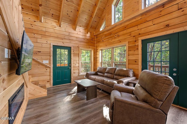 833 Park Dr, Gatlinburg, TN 37738 - living room featuring wood walls, wooden ceiling, high vaulted ceiling, beamed ceiling, and wood finished floors