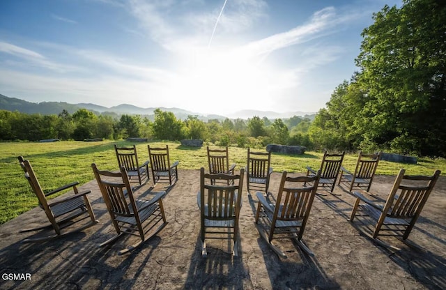 view of patio with a mountain view