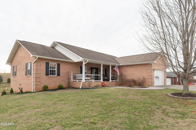 single story home featuring a porch, a front yard, brick siding, and a shingled roof