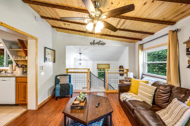 living room with vaulted ceiling with beams, ceiling fan, wooden ceiling, and light wood-type flooring