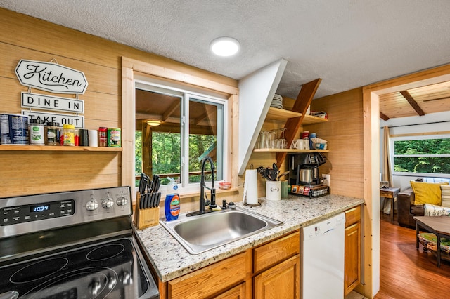 kitchen featuring dishwasher, wood walls, sink, stainless steel stove, and light stone counters