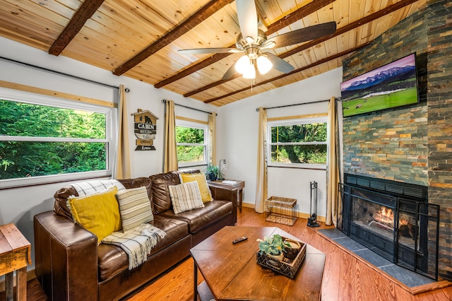 living room featuring ceiling fan, vaulted ceiling with beams, wood-type flooring, a fireplace, and wood ceiling