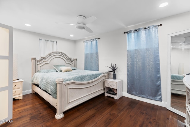 bedroom featuring ceiling fan and dark wood-type flooring