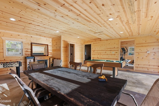 dining room with wood walls, wood ceiling, lofted ceiling, and pool table