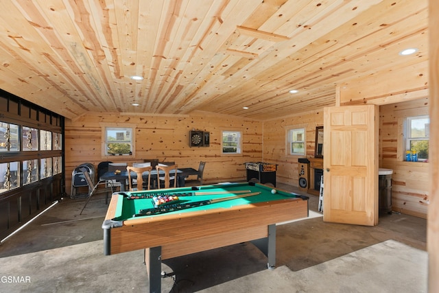 game room with a healthy amount of sunlight, wooden ceiling, billiards, and vaulted ceiling