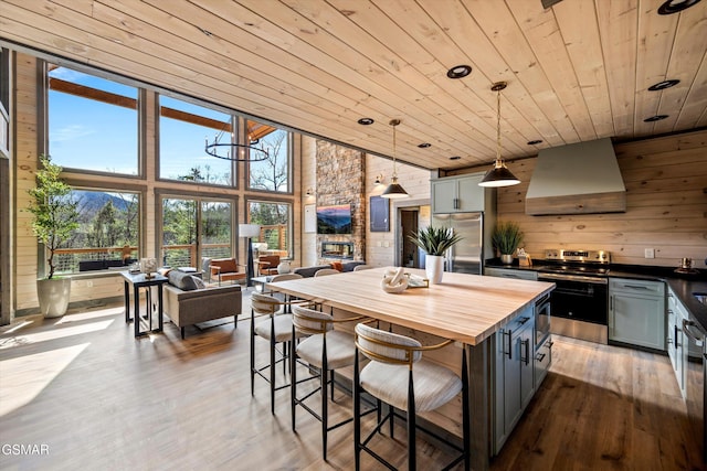 kitchen featuring wooden walls, wood ceiling, built in appliances, wall chimney range hood, and wooden counters