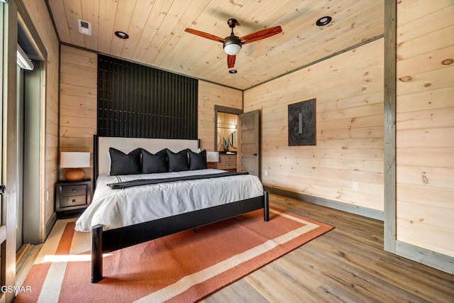 bedroom featuring wood walls, wood ceiling, ceiling fan, and wood finished floors