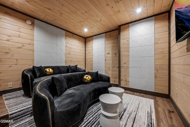 living room featuring wood walls, wood ceiling, wood finished floors, and recessed lighting