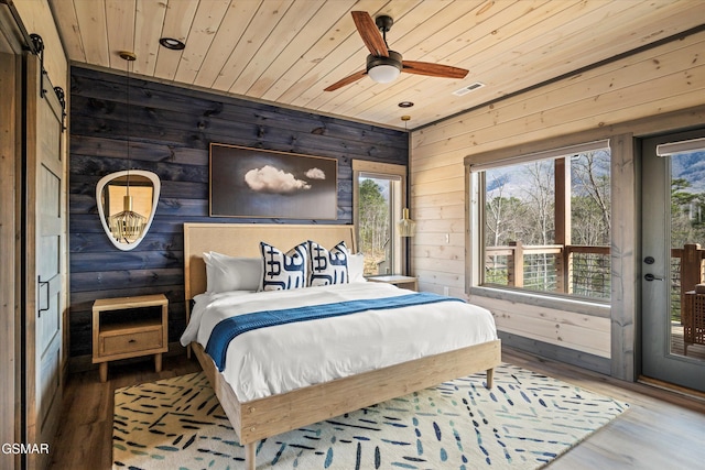 bedroom with access to exterior, wood ceiling, multiple windows, and visible vents