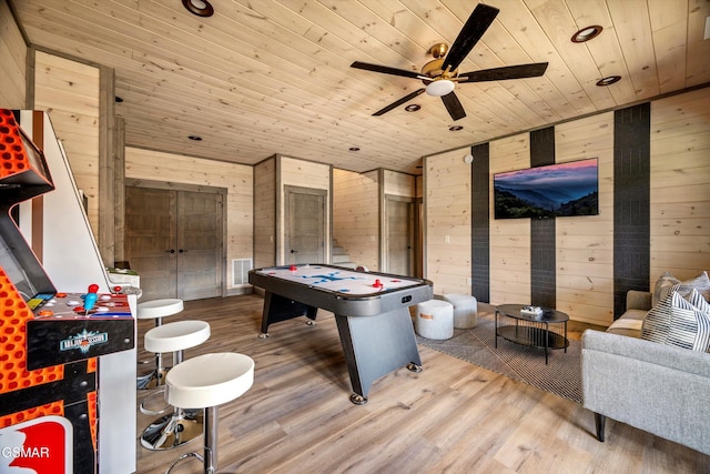 rec room featuring wood ceiling, wooden walls, ceiling fan, and wood finished floors