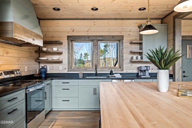 kitchen with wall chimney range hood, stainless steel electric stove, open shelves, and a sink