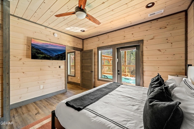 bedroom featuring visible vents, wood ceiling, wood finished floors, access to exterior, and wood walls