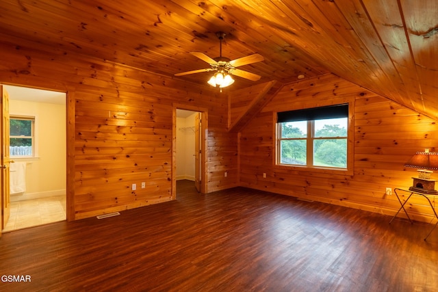 1110 Hide Away Ln, Kodak, TN 37764 - additional living space with wood ceiling, wood finished floors, wooden walls, ceiling fan, and lofted ceiling