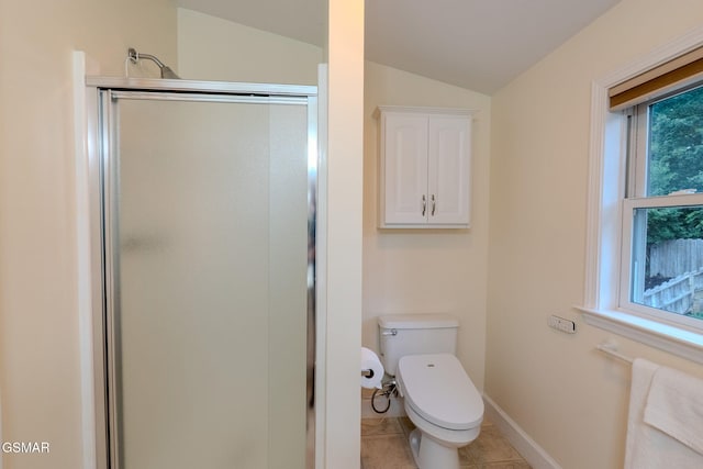 1110 Hide Away Ln, Kodak, TN 37764 - full bathroom featuring a stall shower, vaulted ceiling, and tile patterned floors