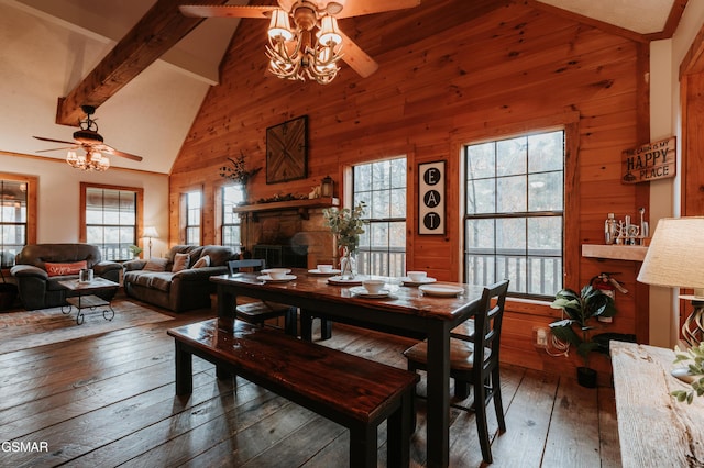 1730 Red Fox Ridge Way, Sevierville, TN 37862 - dining space with a ceiling fan, beamed ceiling, wooden walls, plenty of natural light, and light wood-style flooring