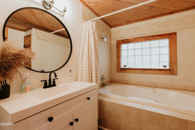 1730 Red Fox Ridge Way, Sevierville, TN 37862 - bathroom with wood ceiling, a tub with jets, vanity, and a shower with shower curtain