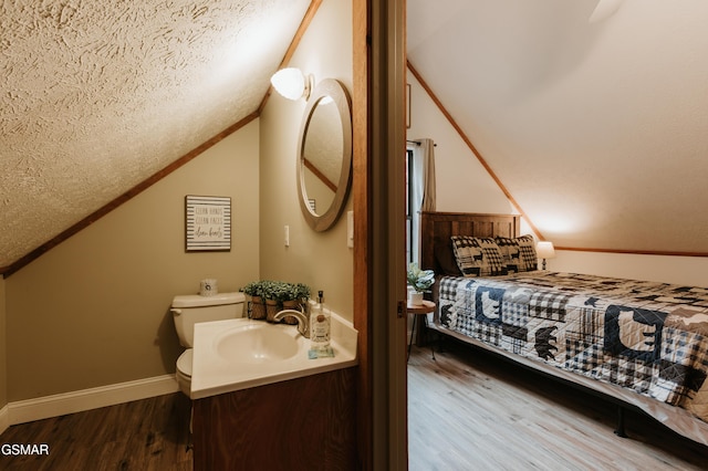 1730 Red Fox Ridge Way, Sevierville, TN 37862 - bathroom with vaulted ceiling, wood finished floors, vanity, and a textured ceiling