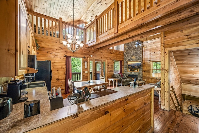 kitchen featuring wood walls, wood ceiling, a fireplace, and high vaulted ceiling