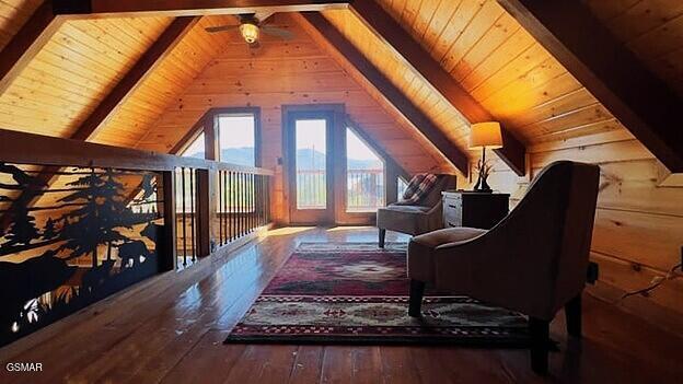 710 Village Loop Rd, Gatlinburg, TN 37738 - living area with wood ceiling, wood-type flooring, and a ceiling fan