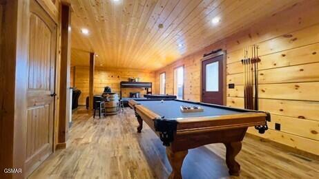 710 Village Loop Rd, Gatlinburg, TN 37738 - recreation room with wood ceiling, wood finished floors, pool table, recessed lighting, and wood walls