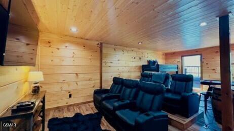 710 Village Loop Rd, Gatlinburg, TN 37738 - home theater featuring wood ceiling, wood finished floors, wood walls, and recessed lighting