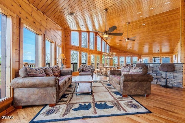 living area featuring a ceiling fan, wood finished floors, wooden ceiling, high vaulted ceiling, and wooden walls